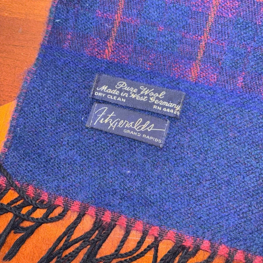 Vintage | West Germany |‎ Pure Wool Scarf | Fitzgeralds | Golfer Plaid | Fringe
